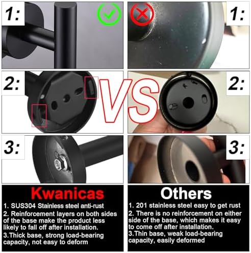 6 Pieces Matte Black Bathroom Hardware Accessories Set Hand Towel Ring 16&23.6 inch Round Towel Bar Silver Toilet Paper Holder Towel Hooks 2 Pieces SUS 304 Stainless Steel,Heavy Duty,Wall Mounted - Image 6