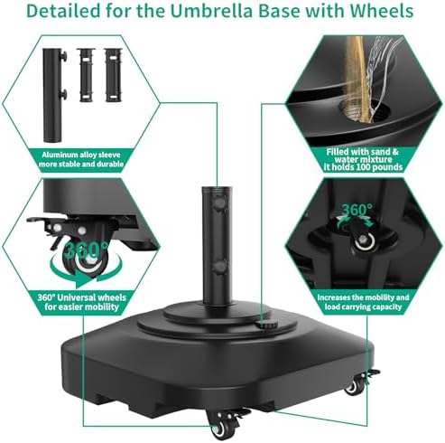 QZER Umbrella Base with Wheels, Umbrella Stand Heavy Duty 100lb Windproof - Image 5