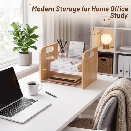 Marsui 3 Tier Desk Paper File Organizer, Bamboo & Acrylic Letter Tray - Image 6
