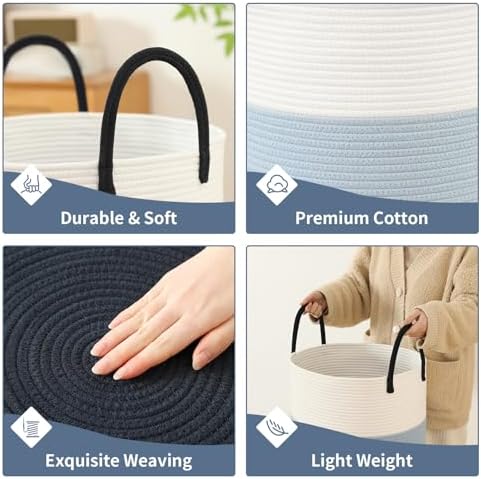 Laundry Basket Hamper Tall Rope Storage Woven for Blanket toys Dirty Clothes in Living Room Bathroom Bedroom (Gradient Blue, 60L/15.8Gal) - Image 3