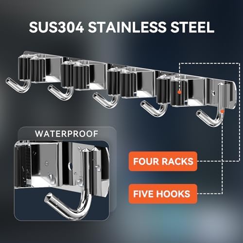 ZONGOOL 2 Pack Mop Broom Holder Wall Mount 4 Racks 5 Hooks Storage Silver - Image 2