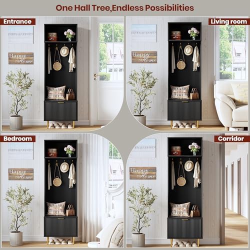 GarveeHome 74" Hall Tree with Bench and Storage, Coat Rack with Shoe Bench, Entryway Coat Rack, Hall Tree with 4 Gold Hooks & Metal Legs for Entryway, Living Room, Black - Image 5