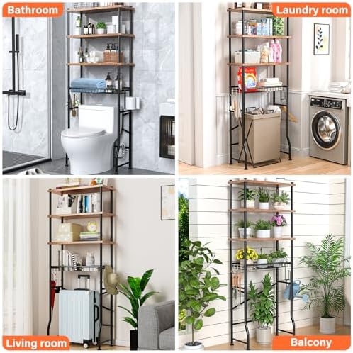 Over-The-Toilet Storage Shelves, 4-Tier Bathroom Organizer Shelf Over Toilet with Adjustable Feet Pad and Basket, Freestanding Space Saver Bathroom Storage Rack Above Toilet (Vintage Brown) - Image 4