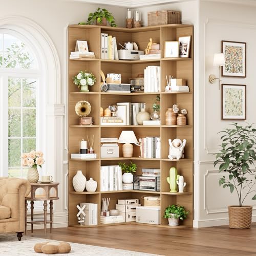 FOTOSOK 72" Tall Corner Bookshelf, 6-Tier Bookshelf and Bookcase, Natural by FOTOSOK