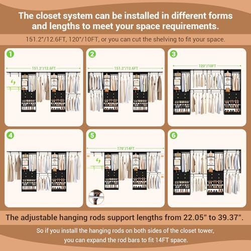 Besiost Closet System with Drawers, 120"/10FT, 151.2"/12.6FT, Built-in Closet Organizer System with Reversible Hanging Shelving and Hanging Rods, Black Set of 2 - Image 3