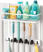 BS-VOG Over the Door Broom Holder with Basket, Wooden Mop & Broom Organizer by BS-VOG