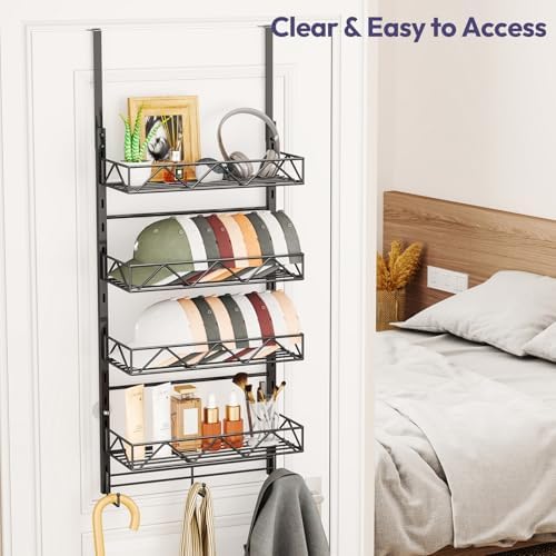 SWTYMIKI Over Door Hat Organizer - 5 Tier Wall Mounted Hat Rack with 4 Adjustable Metal Basket and 3 Hooks, Hanging Baseball Cap Organizer Storage Holds up to 49 Caps for Door, Bedroom, Closet - Image 6