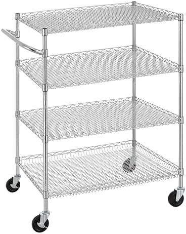 Finnhomy 4 Tier Heavy Duty Commercial Grade Rolling Cart with Handle Bar, Metal Wire Utility Cart with Wheels, Service Trolley on Wheels, Shelf Size 24" D x 36" W, NSF, Chrome by Finnhomy