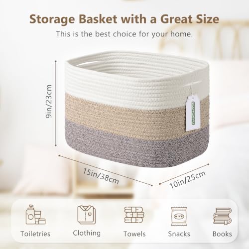 ECDYQXVU 15x10x9 Inch Woven Cotton Rope Storage Basket, 3 Pack - Image 3