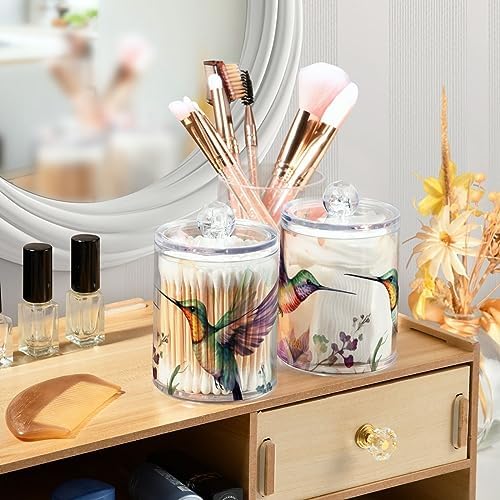 Vnurnrn Qtip Cotton Ball Holder Dispenser with Lid Watercolor Hummingbirds Print, Plastic Jars Bathroom Canisters Storage Organizer 4 Pack - Image 6