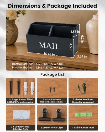 DLQuarts Solid Wood Mail Organizer Countertop or Wall Mounted, Matte Black - Image 2