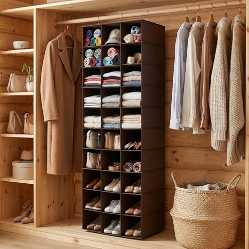 30 Section Hanging Shoe Organizer for Closet, Hanging Closet Organizer and Storage Space-Saving Foldable Clothes Shelf with Sturdy Hooks for Wardrobe, Dorm, Bedroom, Rv, Coffee - Image 2