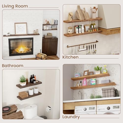 Floating Shelves for Wall Decor, 8" Deep Rustic Solid Elm Wood Floating Shelves Wall Mounted, Wall Shelves with Invisible Bracket for Living Room Bathroom Bedroom Kitchen, 20 Inch Set of 2, Natural - Image 7