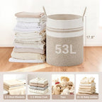53L Tall Cotton Rope Laundry Basket with Handles, White & Brown - Image 2