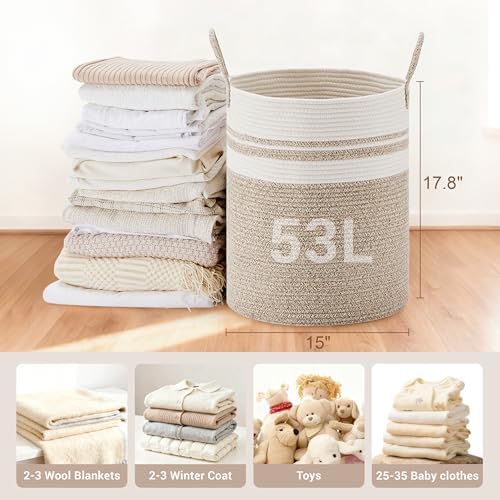 53L Tall Cotton Rope Laundry Basket with Handles, White & Brown - Image 2