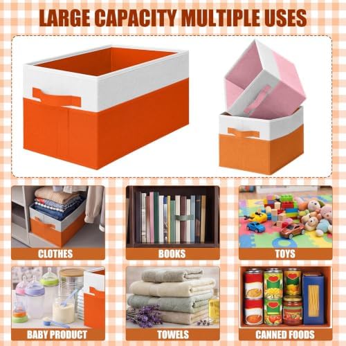 Junkin 4 Pcs Pink Orange Collapsible Storage Bins Baskets Fabric Storage Cubes 14x10x9'' Large Closet Organizer for Shelve Colorful Foldable Basket with Handle for Sunset Party Nursery Classroom Decor - Image 4