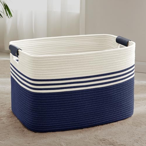 86L Large Woven Laundry Basket Hamper with Leather Handles,Navy by SunNewt