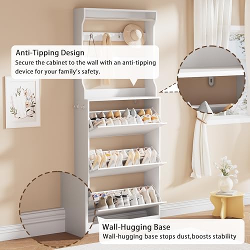 White Hidden Shoe Cabinet with 3 Flip Drawers & Coat Rack, Entryway - Image 6
