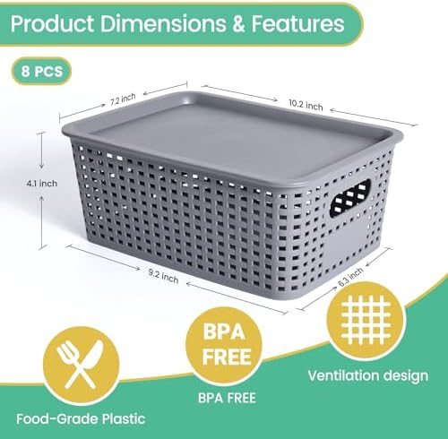 Ohmlove 8 Pack Plastic Storage Baskets with Lids for Organization - Image 2