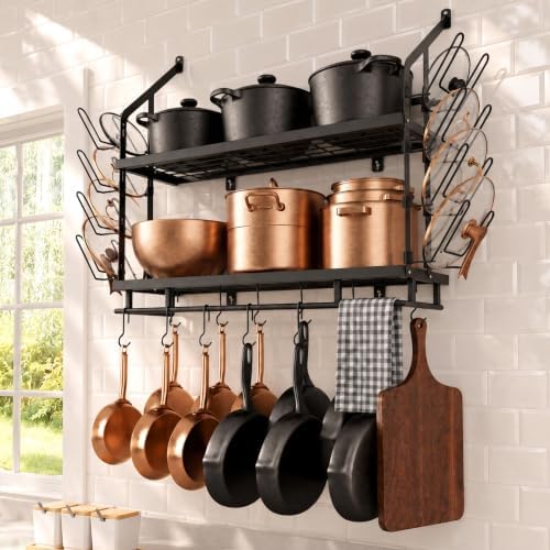 KES 30-Inch Pot Rack Wall Mounted, 8 Secure Lid Holders & 12 Sturdy Hooks by KES