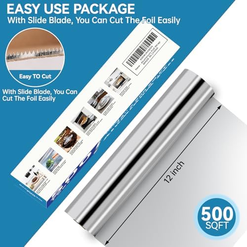 Aluminum Foil Roll, 12in x 500Sq Ft Aluminum Foil, Thick Strong Tin Foil with Cutter, Food Safe Cling Wrap for Cooking, Baking, Roasting, Grilling, Freezer Storage - Image 2