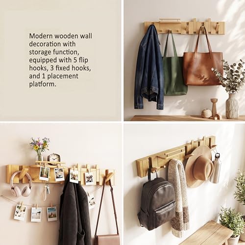 Mid Century Modern Wood Coat Rack Wall Mount with Shelf, 9 Hooks, Natural - Image 6