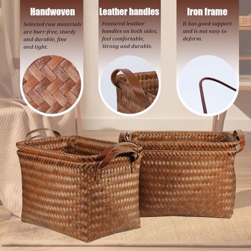 BROWNLILY Handwoven Clothes Basket Laundry Hampers Large Wicker Storage Baskets for Shelves Blankets Closet Storage Bins Car Bedroom Bathroom Organizers and Storage Bath (9, Brown) - Image 2
