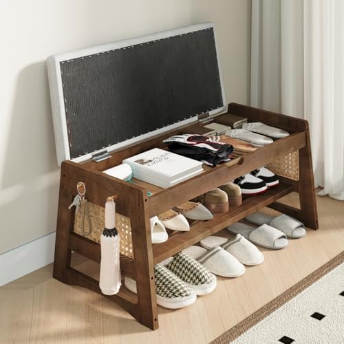 Shoe Rack Bench with Flip-Top Storage, 35.4" W x 15.7" H Solid Wood Entryway Bench Shoe Organizer with Cushion Side Hooks for Front Door Entrance Hallway Foyer Closet Living Room Bedroom by RedefineModernLiving