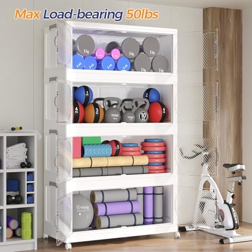 60GAL (240QT) Collapsible Plastic Storage Bins with Lid & Wheels, Extra Large Stackable Closet Organizers Storage Boxes, Folding Cabinet for Home Kitchen Office, 4Pack White - Image 7