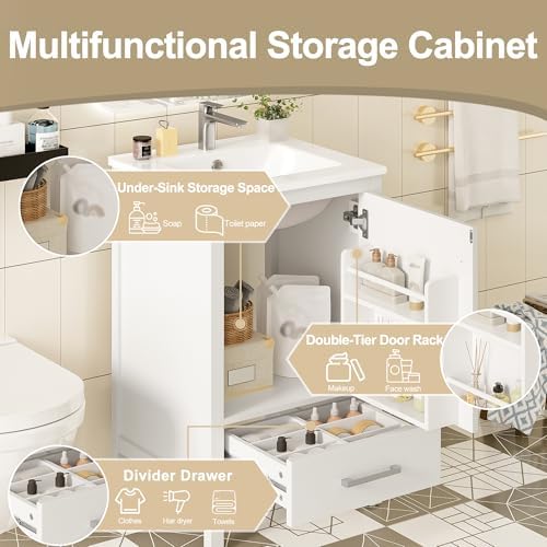 Harper & Bright Designs 20" Bathroom Vanity with Sink, Free Standing Single Vanity Set with One Divider Drawer, and Door Storage Shelf, Wooden Storage Cabinet with Ceramic Basin for Bathroom, White - Image 6