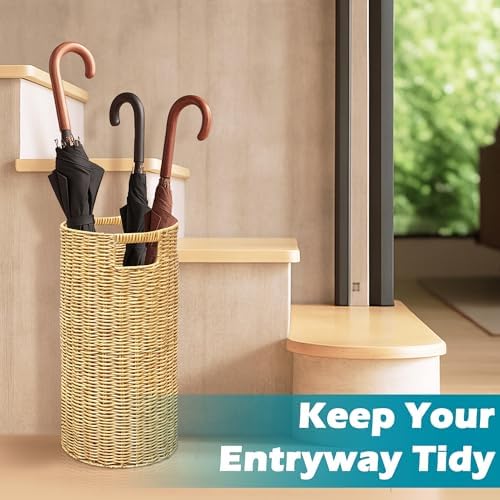 Rattan Umbrella Holder 21" H X 10" D, Handmade Wicker Umbrella Stand Indoor with Dip Tray, Sturdy Umbrella Holders for Entryway, Umbrella Bucket Fits Mudroom,Walking Canes,Home,Office (Oak) - Image 2