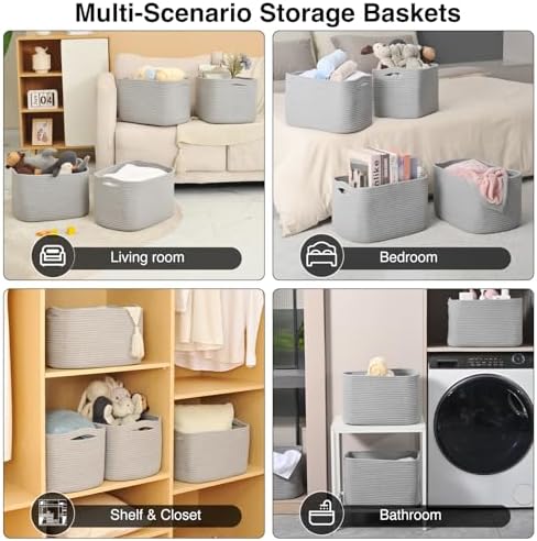ICERZCZ Storage Baskets for Organizing & Shelves, Woven Cotton Rope Organization Bins for Dog Toys, Clothes, Books, Nursery Organizer, 15"Lx11"Wx9.5"H, (4 Packs) Grey - Image 5