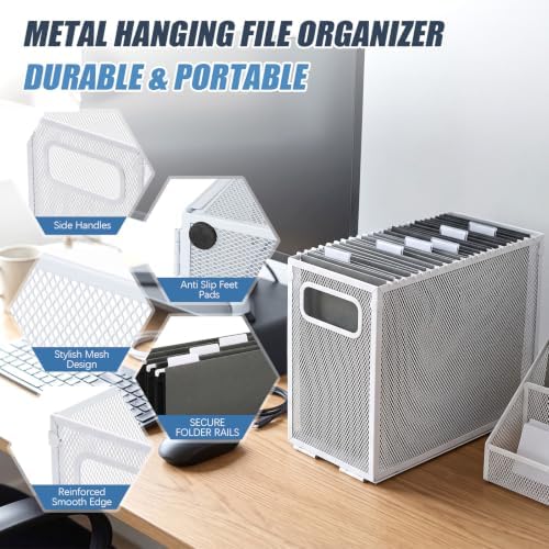 Zhengmy 2 Pcs Hanging File Organizer Letter Size File Holder Metal Mesh Filing Box Desktop Folder Letter Storage Cabinets Magazine Holder with Handles for Home Office School Document (White) - Image 3
