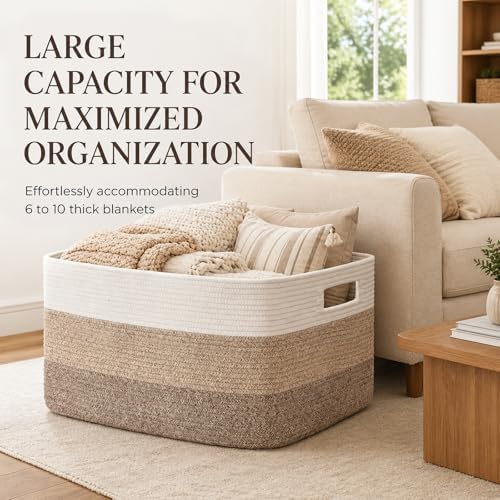 OIAHOMY Large Blanket Basket, 22”x17”x12” Rectangle Woven Baskets, Nursery Blanket Storage Living Room, Toy Storage With Handle, Large Baskets for Organizing-Gradient Yellow (Pack of 2) - Image 3