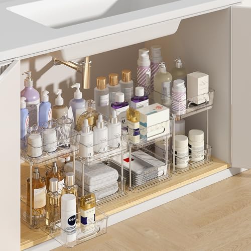 Delamu 2 Tier Under Sink Organizer Bathroom, Bathroom Cabinet Organizer with Snap-Lock Design and Hooks, Pull Out Storage with Movable Dividers, for Countertop, Kitchen and Pantry (Clear, 4 Pack) by DELAMU