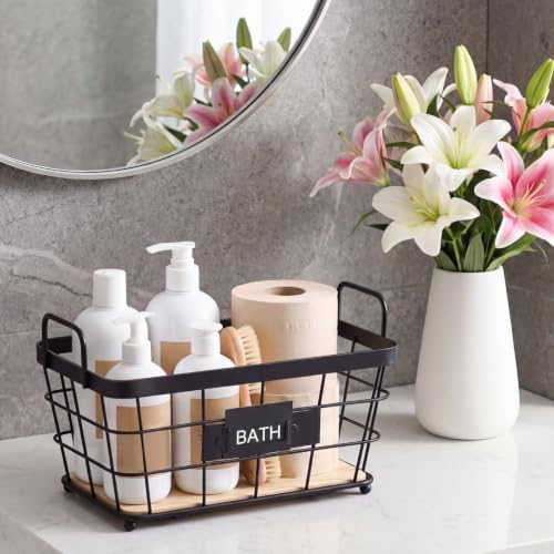 4 Pcs Black Metal Wire Storage Baskets with Wood Bottoms,Small - Image 5