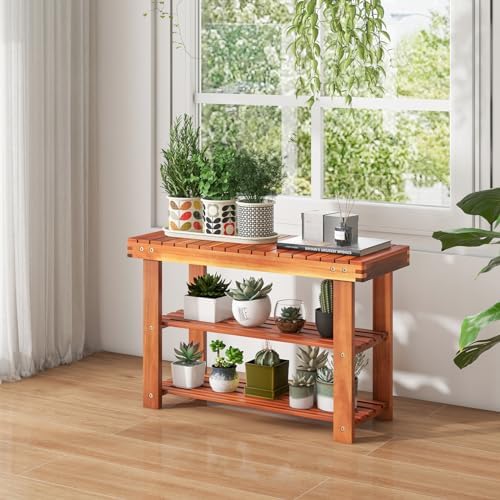 Tangkula Acacia Wood Shoe Rack Bench, 3 Tier Sturdy Storage Organizer, Holds up to 180lbs for Entryway Bedroom Living Room Balcony, Teak Color (27.5-inch) - Image 4