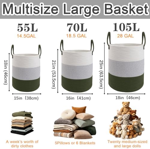 70L Woven Laundry Basket,Large Clothes Hamper with Handles-Green - Image 2
