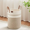 VIPOSCO 30L Small Woven Rope Laundry Hamper, Leather Handles, Brown & White by VIPOSCO