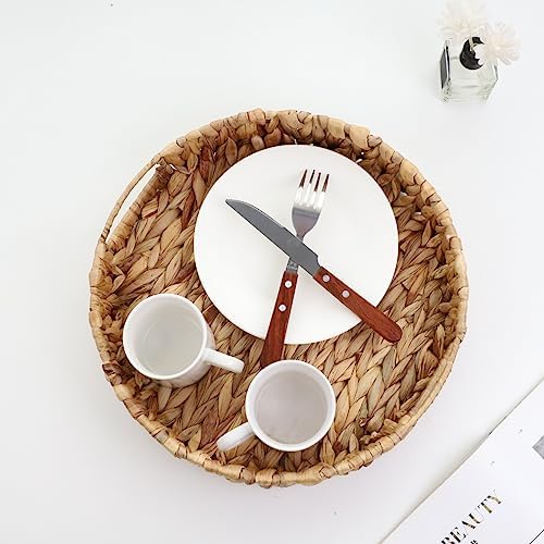 YRMT Water Hyacinth Serving Tray Round Woven Tray with Handles Boho Decorative Tray for Breakfast, Coffee, Table, Dining 13" x 13" x 2.3" - Image 2