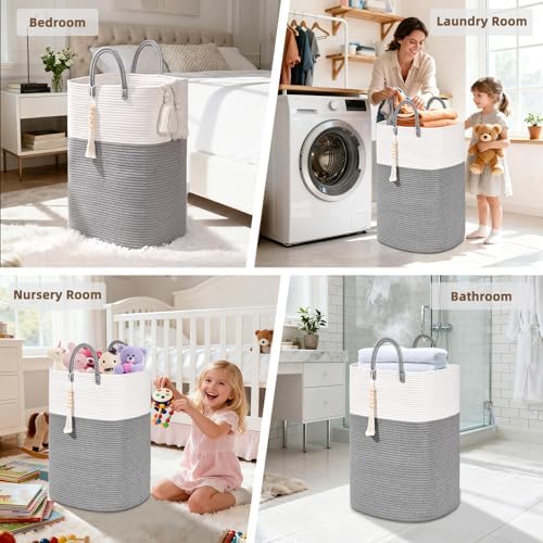 Woven Laundry Basket for Clothes, 50L Large Rectangle Laundry Hampers with Beads Tassel, Nursery Storage Basket for Toys, Tall Dirty Clothes Hamper for Bedroom Aesthetic, Laundry Room Organization - Image 5