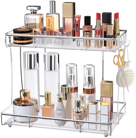 Bathroom Organizer Countertop Perfume Organizer Makeup Organizer Cosmetics Storage Display Rack Vanity Tray Dresser Steel Chrome Shelf Transparency Wavy Acrylic Tray (2 Tier Chrome) by Megier