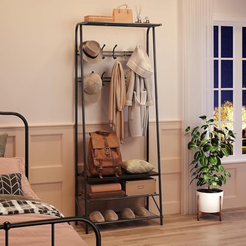 OUTLANE Entryway Hall Tree with 10 Hooks, Shoe Bench & Storage Shelf, Coat Rack Organizer with Wood Accents and Metal Frame for Entryway, Living Room, Bedroom, Black-Double row - Image 4