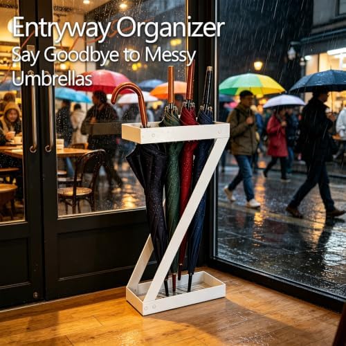 Umbrella Holder for Entryway, White Indoor Umbrella Stand with Hooks,Metal Umbrella Storage Rack Ideal for Home Office Hotel Lobby - Image 5