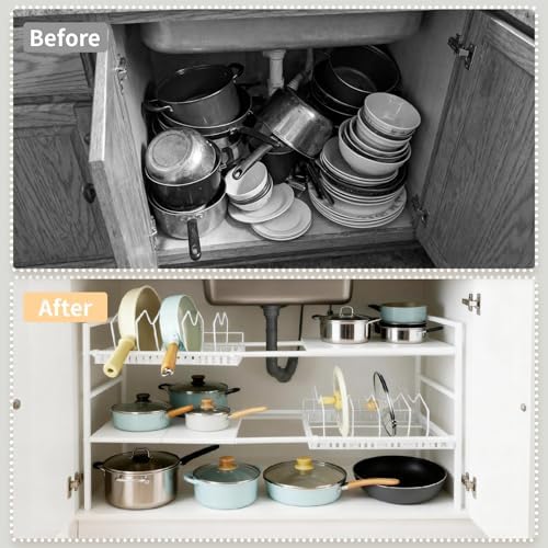 Pots and Pans Organizer Under Cabinet, Expandable Pots Organizers Inside Cabinet, Adjustable Height Under Sink Shelf 2 Tier with 10 Dividers Under Cabinet Shelf, Pot and Pan Lid Holder Rack (White) - Image 3