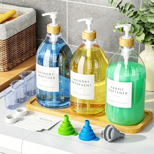 Moforoco 3 Pack White Liquid Laundry Detergent Dispenser with Bamboo Tray, 64 Oz Plastic Laundry Soap Dispenser, Fabric Softener Dispenser with Pump and Labels for Laundry Room Decor and Organization - Image 3