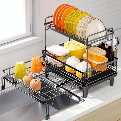 Urackify Expandable Sink Dish Drying Rack for Kitchen Counter, 2-Tier Black by Urackify