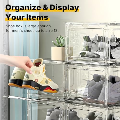 6 Pack Large Drop-Front Black Transparent Shoe Boxes, Stackable Sneaker Storage Container for Closet, Fits US Size 13+, Magnetic Front Door, Heavy-Duty Reinforced Plastic Shoe Organizer - Image 6