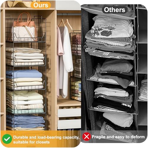 Jakyitvi 5-Tier Stackable Closet Organizer Shelf – Foldable Metal Storage Bins for Clothes, Sweaters & Towels | Stylish Black Wire Baskets for Bedroom, Wardrobe, Dorm or Entryway - Image 5