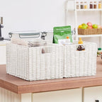 Vagusicc Wicker Storage Basket, Set of 2 Hand-Woven Paper Rope Wicker Basket, Large Storage Baskets for Organizing, Foldable Large Cube Storage Organizer Bins for Shelves (White) - Image 6